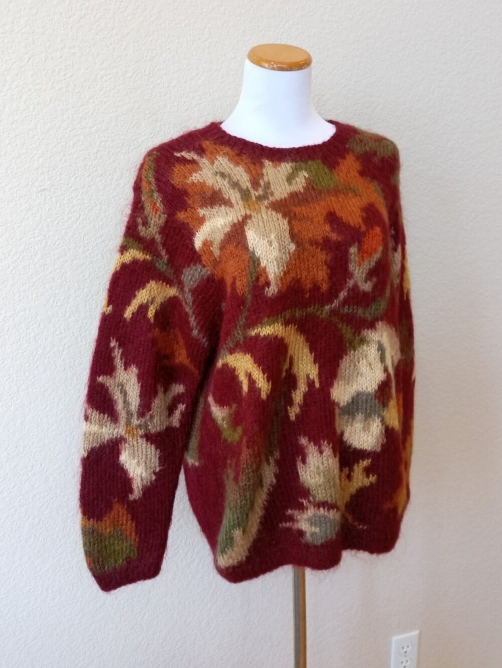 🤍 Talbots vintage hand knit mohair blend burgundy autumn print chunky sweater - Picture 5 of 8